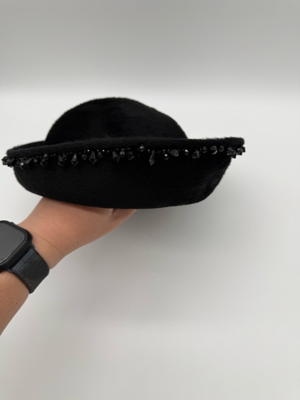Vintage Betmar California Black Felt Hat Beaded Trim Wide Brim Italy